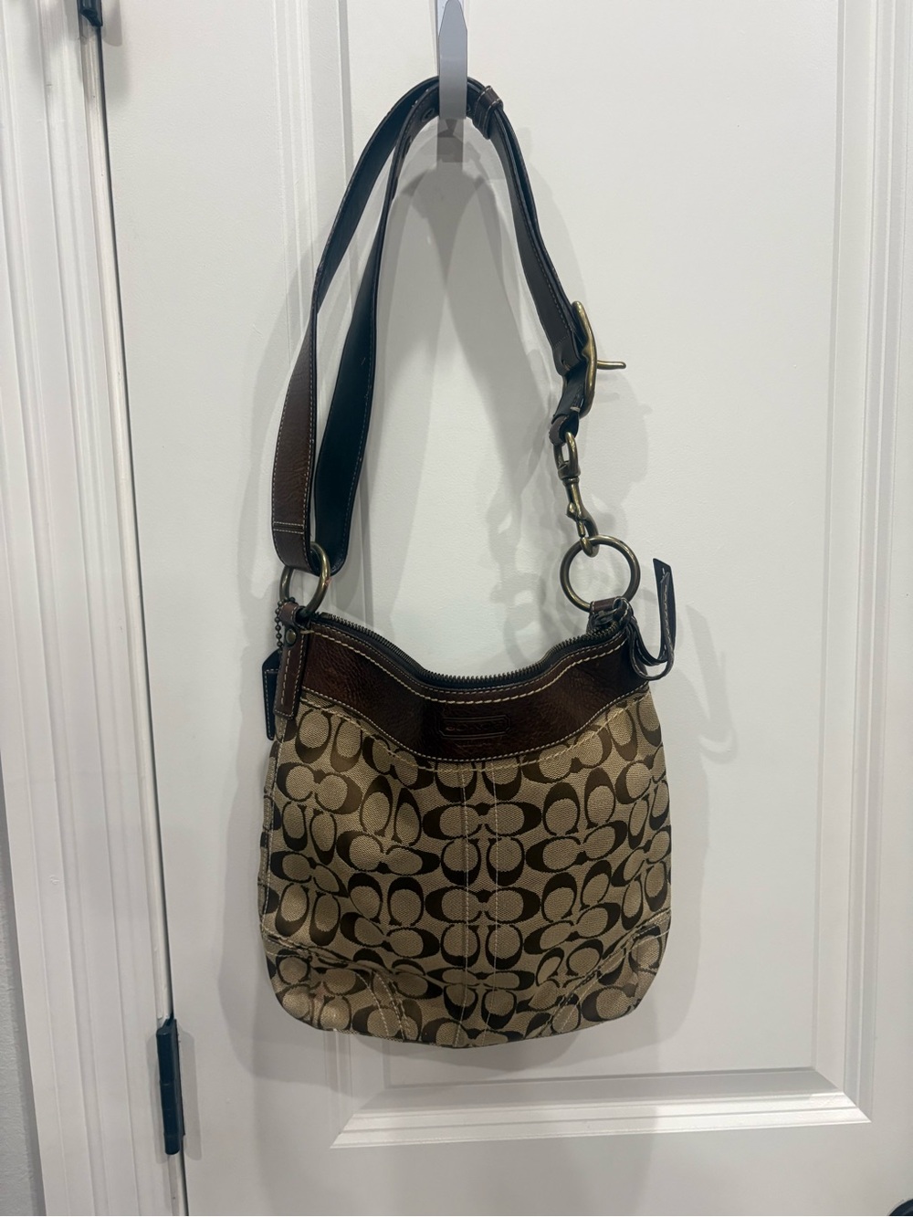 Coach brown C monogram with leather trim crossbody style bag